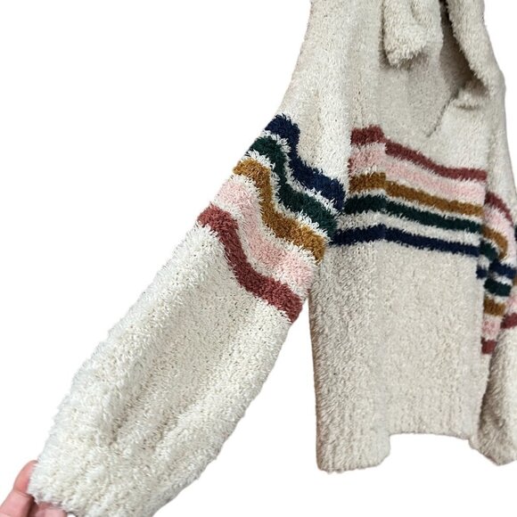 LOVE RICHE Varsity Striped Oversized Chunky Hooded Ballon Sleeve Cream Sweater - Picture 3 of 10